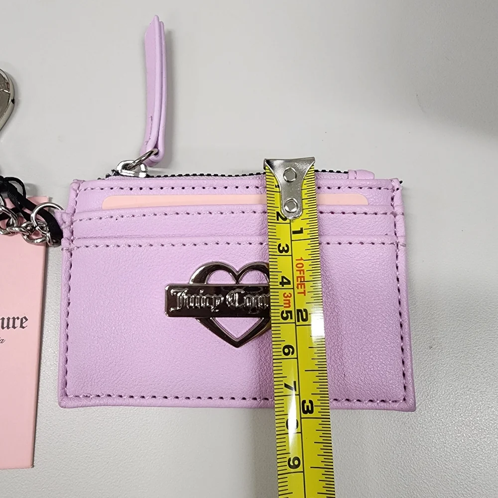 Juicy Couture Pink Faux Leather Glam Card Case Wallet Silver Heart Keychain Clip